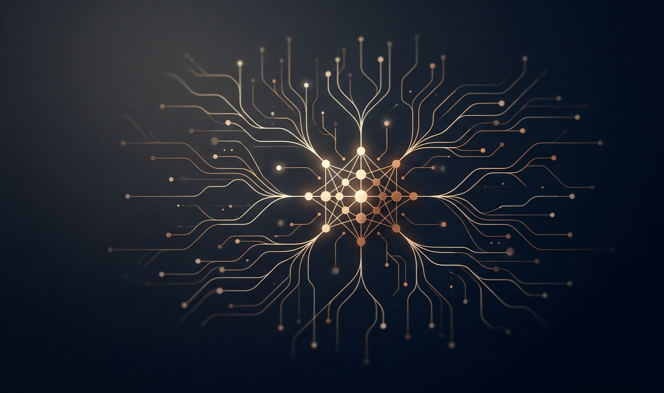 شبكة عصبية رقمية داكنة تتوسطها عقدة مضيئة